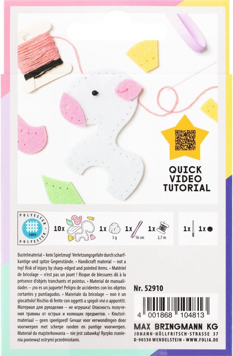 folia 52910 Mini Filzinies Unicorn Pendant, 15-Piece Felt Sewing Kit for Making a Self-Sewn Pendant, for Children from 8 Years, Colourful - Image 2