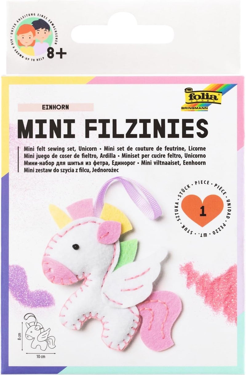 folia 52910 Mini Filzinies Unicorn Pendant, 15-Piece Felt Sewing Kit for Making a Self-Sewn Pendant, for Children from 8 Years, Colourful - Image 1