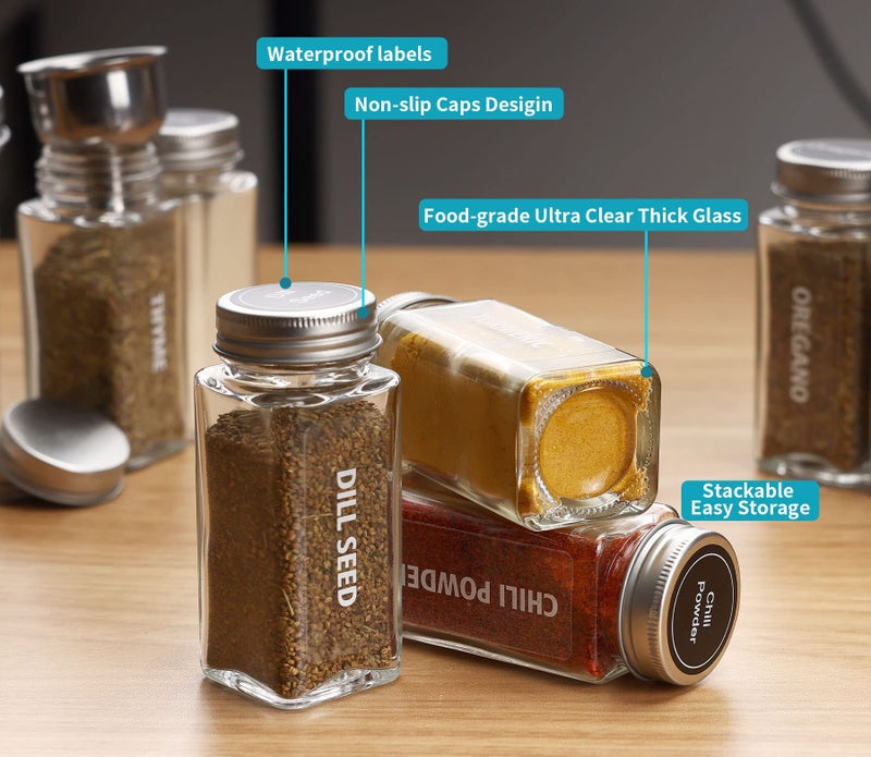 Antimbee 40-Pack 3.5 OZ Glass Spice Jars with 324 Labels, Shaker Lids and Airtight Metal Caps, Empty Reusable Square Seasoning Bottles, Spice Storage Containers, Marker and Stainless Steel Funnel - Image 5