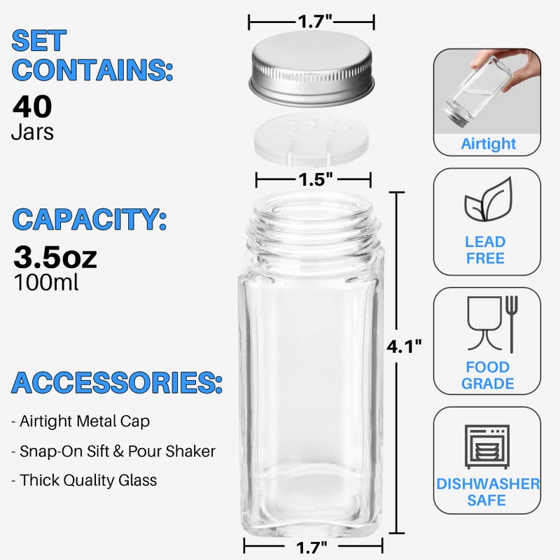 Antimbee 40-Pack 3.5 OZ Glass Spice Jars with 324 Labels, Shaker Lids and Airtight Metal Caps, Empty Reusable Square Seasoning Bottles, Spice Storage Containers, Marker and Stainless Steel Funnel - Image 2
