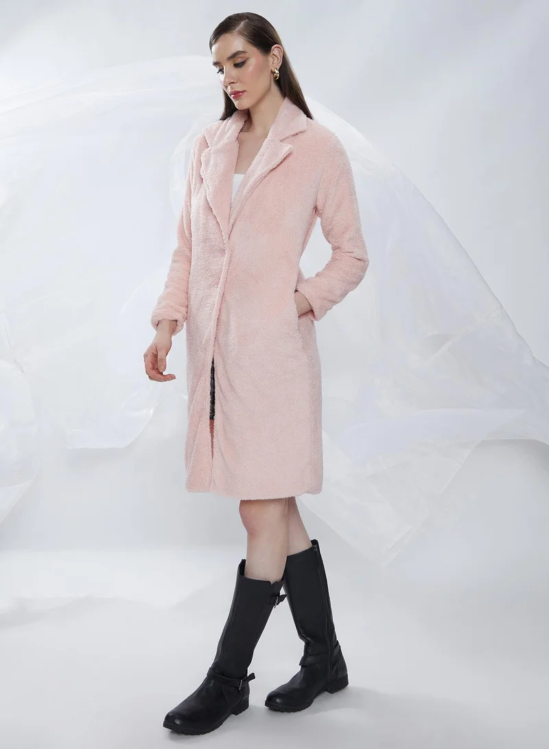 Campus Sutra Women's Baby Pink Single-Breasted Fleece Long Coat