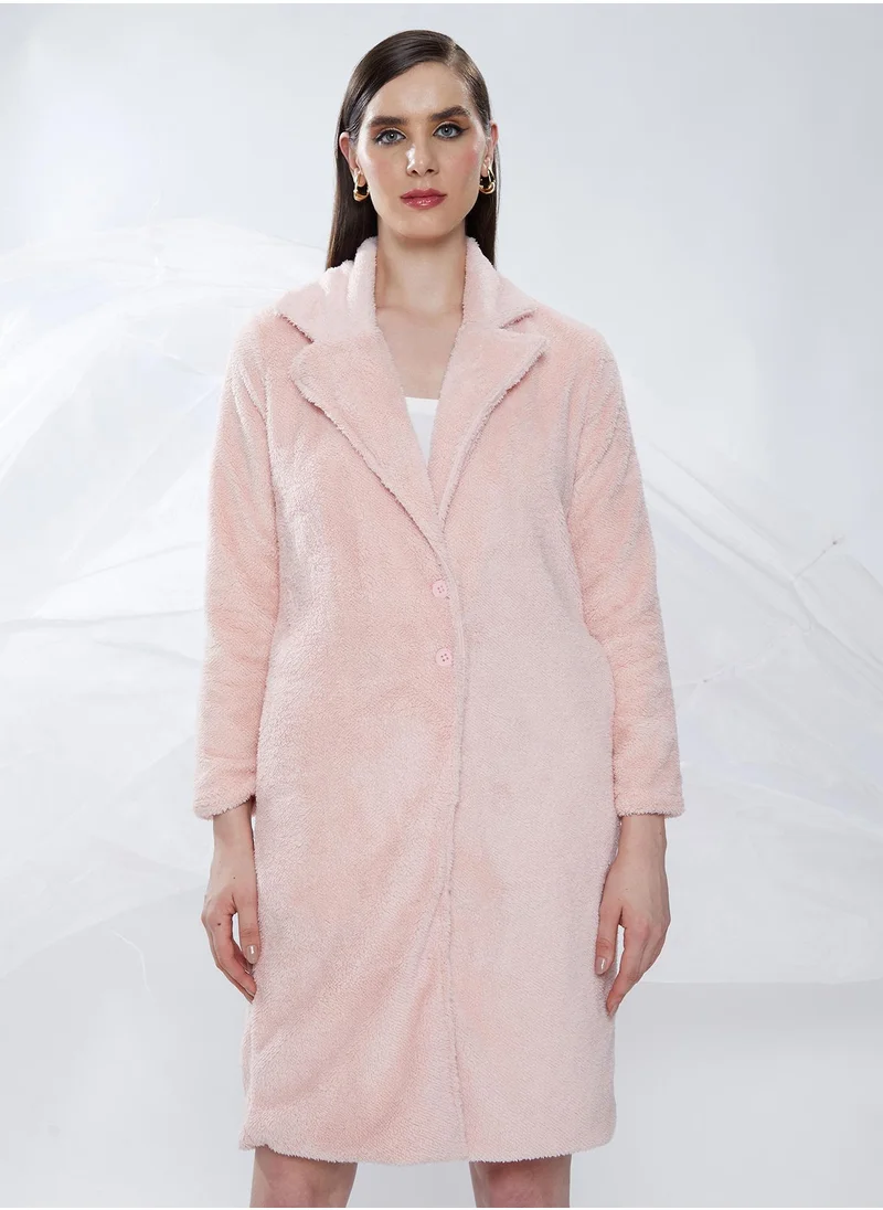 كامبوس سوترا Women's Baby Pink Single-Breasted Fleece Long Coat