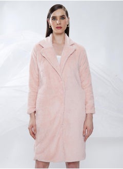 Campus Sutra Women's Baby Pink Single-Breasted Fleece Long Coat  - Image 2