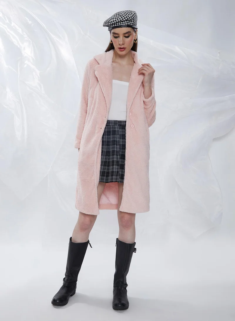 Campus Sutra Women's Baby Pink Single-Breasted Fleece Long Coat