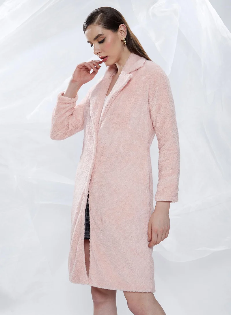 Campus Sutra Women's Baby Pink Single-Breasted Fleece Long Coat
