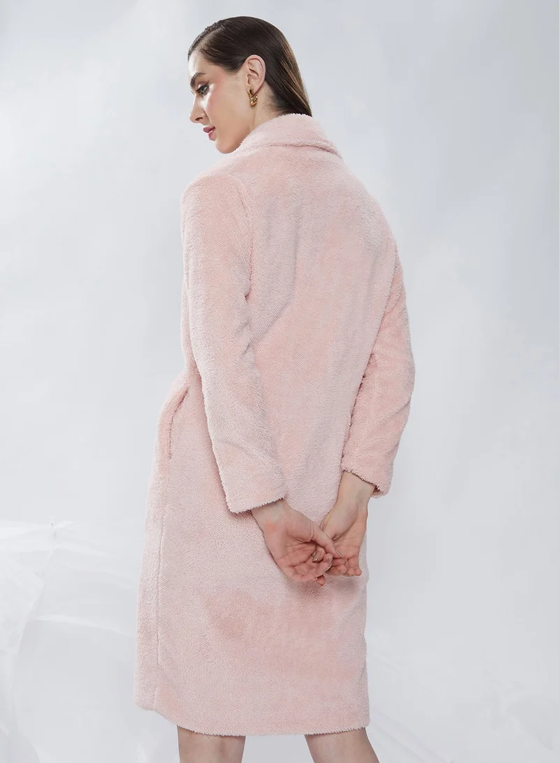 Campus Sutra Women's Baby Pink Single-Breasted Fleece Long Coat