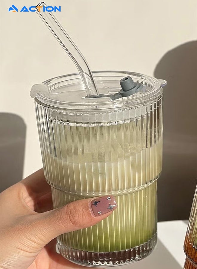 ACTION 13oz Glass Tumbler with Straw and Lid, Reusable Iced Coffee Cup Tumbler, Cute Glass Cups for Water, Matcha, Travel Coffee Mugs (Clear) - Image 1