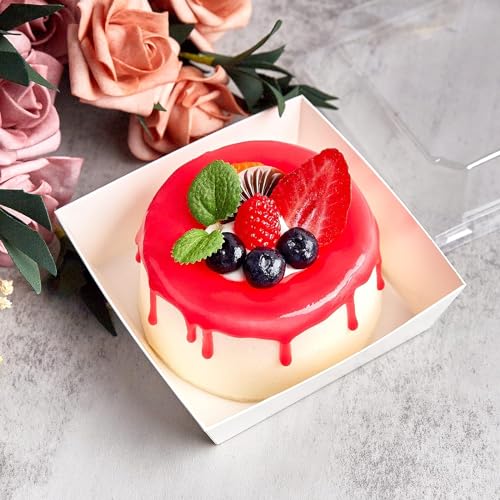 Kucoele 50 Pack Small Charcuterie Boxes with Clear Lids, 4 Inches Paper Bakery Boxes Dessert Boxes Disposable To Go Food Containers for Cookie, Cake Slice, Mini Cake, Chocolate Strawberry (White) - Image 5