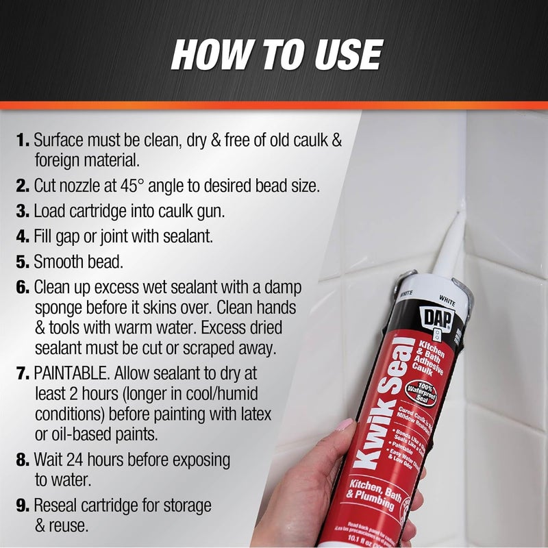 DAP Kwik Seal Kitchen & Bath Adhesive Caulk, White, 10.1 oz - Image 2
