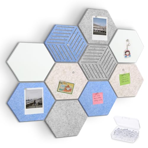 Thboxes 10 Pack Hexagon Cork Board, 12" x 10" Self-Adhesive Felt Bulletin Board Tiles with 40 Pushpins, Cute Pin Boards for Wall Decor Home Office School DIY Display Boards for Photos (Blue Theme) - Image 1
