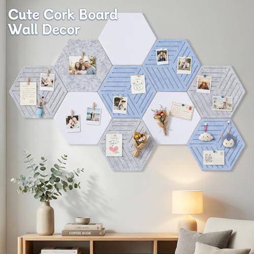 Thboxes 10 Pack Hexagon Cork Board, 12" x 10" Self-Adhesive Felt Bulletin Board Tiles with 40 Pushpins, Cute Pin Boards for Wall Decor Home Office School DIY Display Boards for Photos (Blue Theme) - Image 4