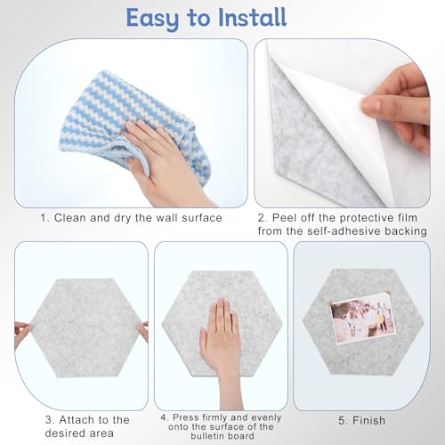 Thboxes 10 Pack Hexagon Cork Board, 12" x 10" Self-Adhesive Felt Bulletin Board Tiles with 40 Pushpins, Cute Pin Boards for Wall Decor Home Office School DIY Display Boards for Photos (Blue Theme) - Image 5