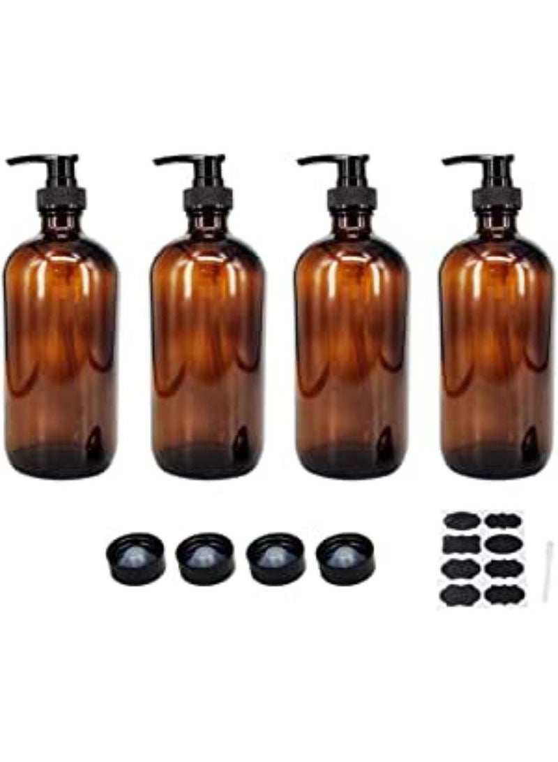 QUESERA 4 Pack 16 oz Amber Glass Bottles with Pumps for Shampoo Essential Oils Cleaning Products Lotions Aromatherapy Oil Pump Bottles Refillable Containers with Cap 8 Chalk Labels - Image 1