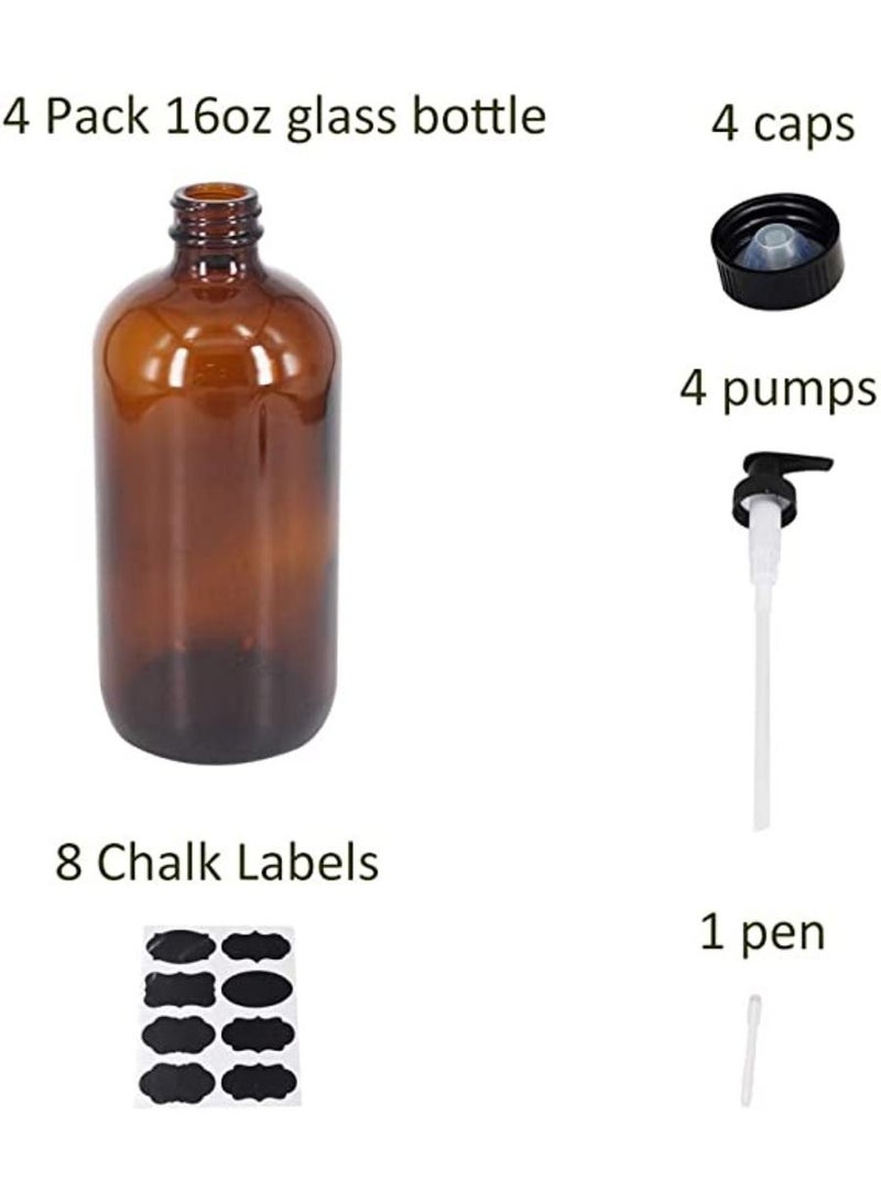 QUESERA 4 Pack 16 oz Amber Glass Bottles with Pumps for Shampoo Essential Oils Cleaning Products Lotions Aromatherapy Oil Pump Bottles Refillable Containers with Cap 8 Chalk Labels - Image 3