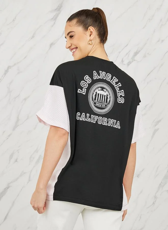 ستايلي Oversized Side Striped Slogan Print Drop Shoulder T-shirt