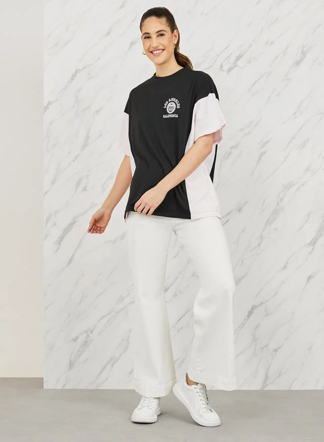 ستايلي Oversized Side Striped Slogan Print Drop Shoulder T-shirt