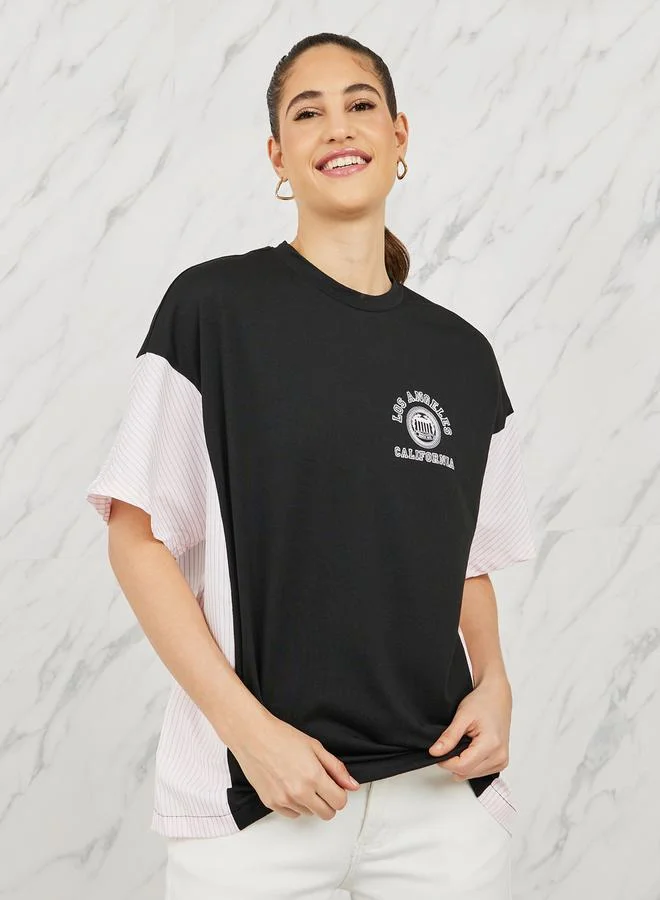 ستايلي Oversized Side Striped Slogan Print Drop Shoulder T-shirt