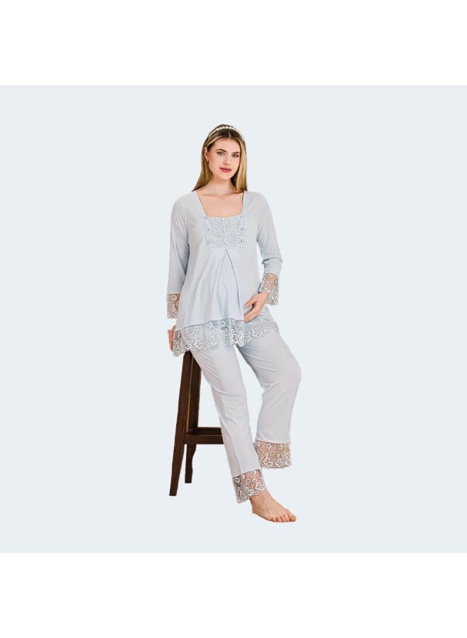 Women's Maternity & Nursing Two-Piece Pajama Set - Long Sleeve Button Front Top & Adjustable Waist Pants with Lace Details | Cotton Viscose Blend | Made in Turkey - Image 3