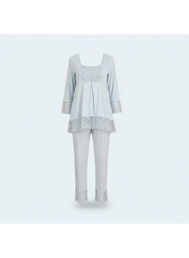 Women's Maternity & Nursing Two-Piece Pajama Set - Long Sleeve Button Front Top & Adjustable Waist Pants with Lace Details | Cotton Viscose Blend | Made in Turkey - Image 1
