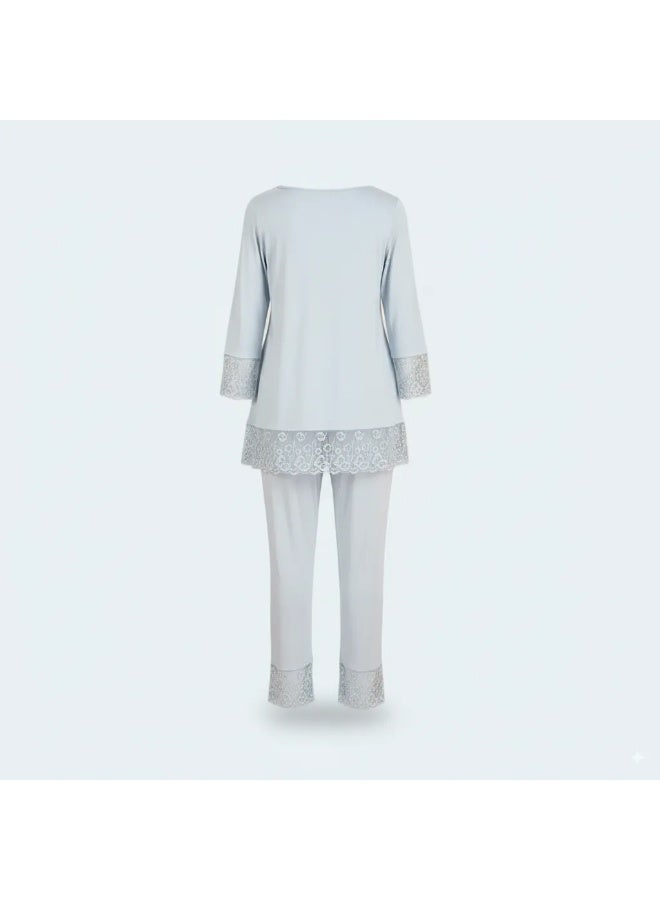 Women's Maternity & Nursing Two-Piece Pajama Set - Long Sleeve Button Front Top & Adjustable Waist Pants with Lace Details | Cotton Viscose Blend | Made in Turkey - Image 2
