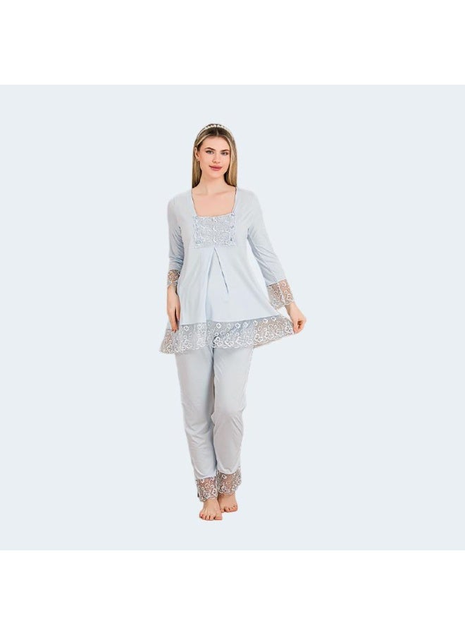 Women's Maternity & Nursing Two-Piece Pajama Set - Long Sleeve Button Front Top & Adjustable Waist Pants with Lace Details | Cotton Viscose Blend | Made in Turkey - Image 4