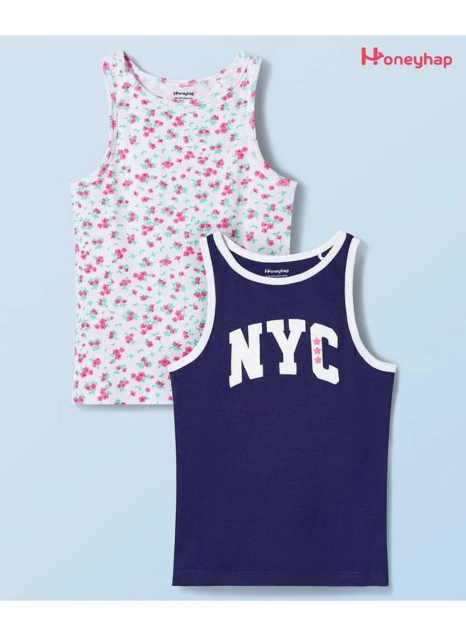 Honeyhap Honeyhap Premium Cotton Elastane Knit Sleeveless Floral and NYC Printed Tank Tops (Pack of 2) - Bright White and Ocean Cavern