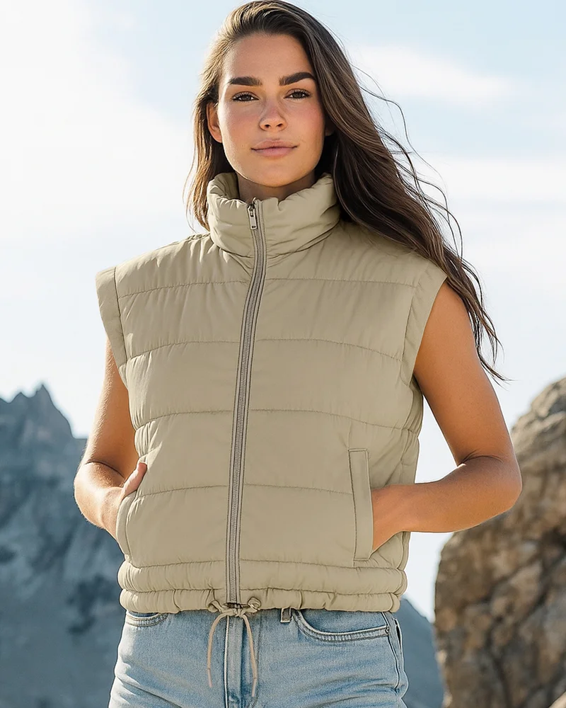 bewakoof Women's Beige Sleeveless Oversized Puffer Jacket