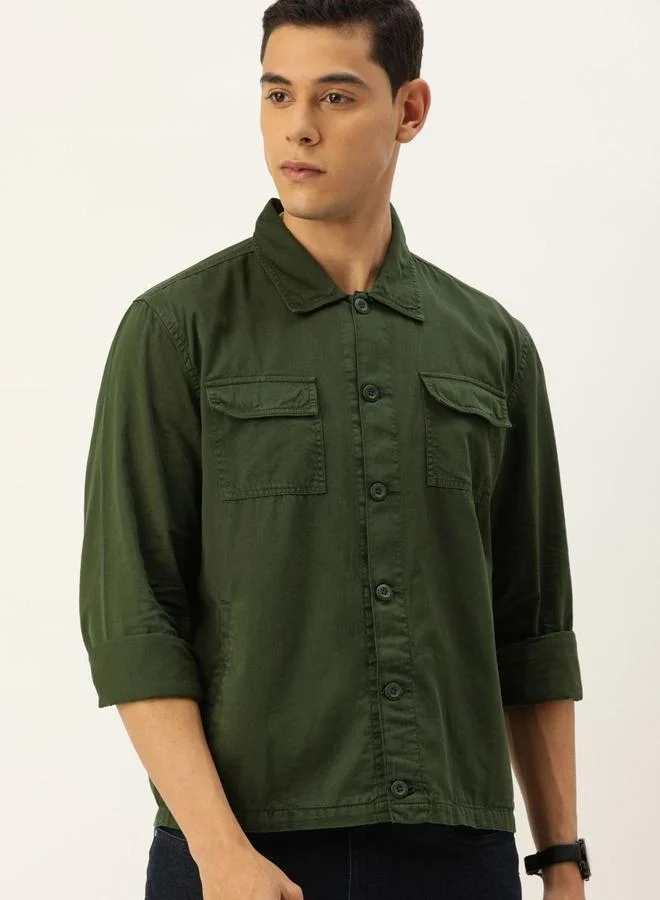 The Indian Garage Co The Indian Garage Co Men Olive Boxy Fit Casual Shirt with Flap Pocket