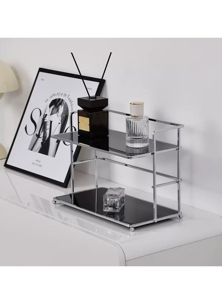 حامل تخزين معدني متعدد الوظائف أسود اللون مكون من طبقتين لمستحضرات التجميل والعطور وطاولة الحمام - Image 2
