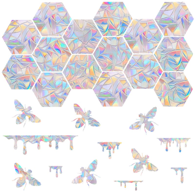 30 Pcs Honeycomb and Bee Honey Window Clings for Bird Strikes AntiCollision Decals to Save Birds Non Adhesive PrismaticResuable Easy Remove No Residue Rainbow Stickers