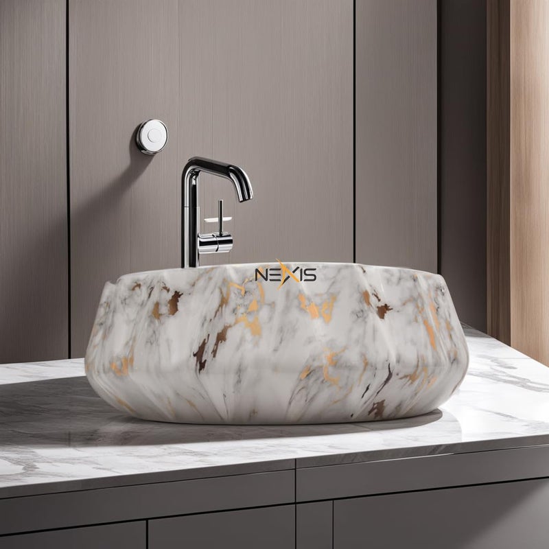 NEXIS Designer Glossy Finish Ceramic Art Wash Basin Vessel Sink Table Top Collapsible Wash Basin Art Wash Basin 16 x 16 x 5 Inch Lizza 608 White Golden - Image 5