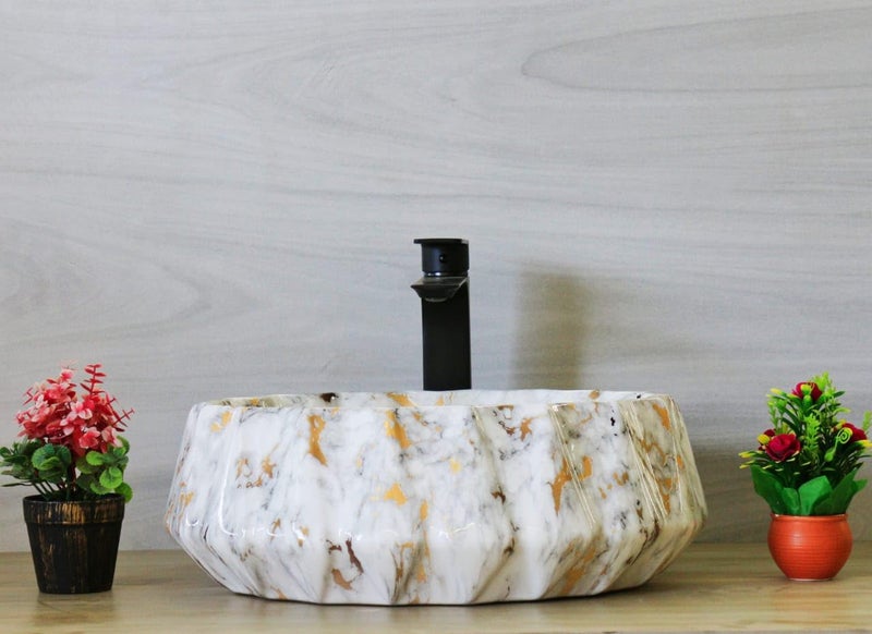 NEXIS Designer Glossy Finish Ceramic Art Wash Basin Vessel Sink Table Top Collapsible Wash Basin Art Wash Basin 16 x 16 x 5 Inch Lizza 608 White Golden - Image 2