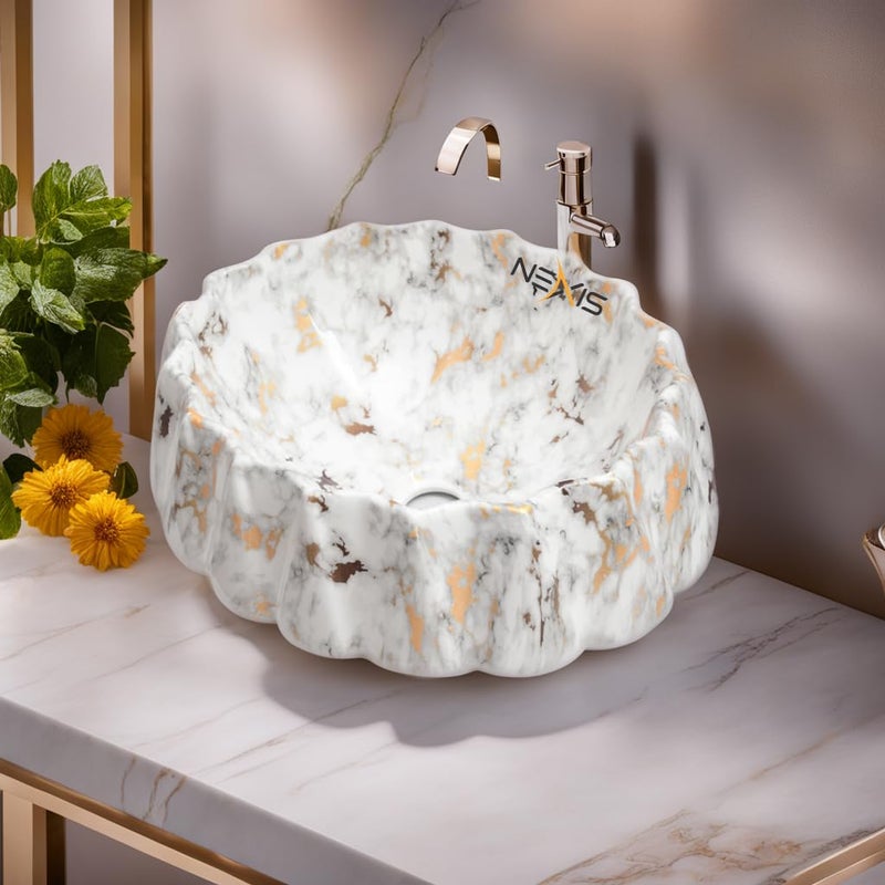 NEXIS Designer Glossy Finish Ceramic Art Wash Basin Vessel Sink Table Top Collapsible Wash Basin Art Wash Basin 16 x 16 x 5 Inch Lizza 608 White Golden - Image 1
