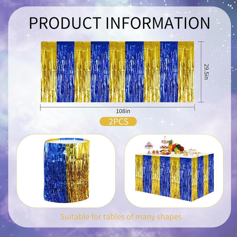 BEISHIDA 2 Pack Blue Gold Table Skirts Party Decorations Metallic Tinsel Foil Fringe Table Skirts for Birthday Retirement Anniversary Graduation Congrats 2026 Party - Image 2