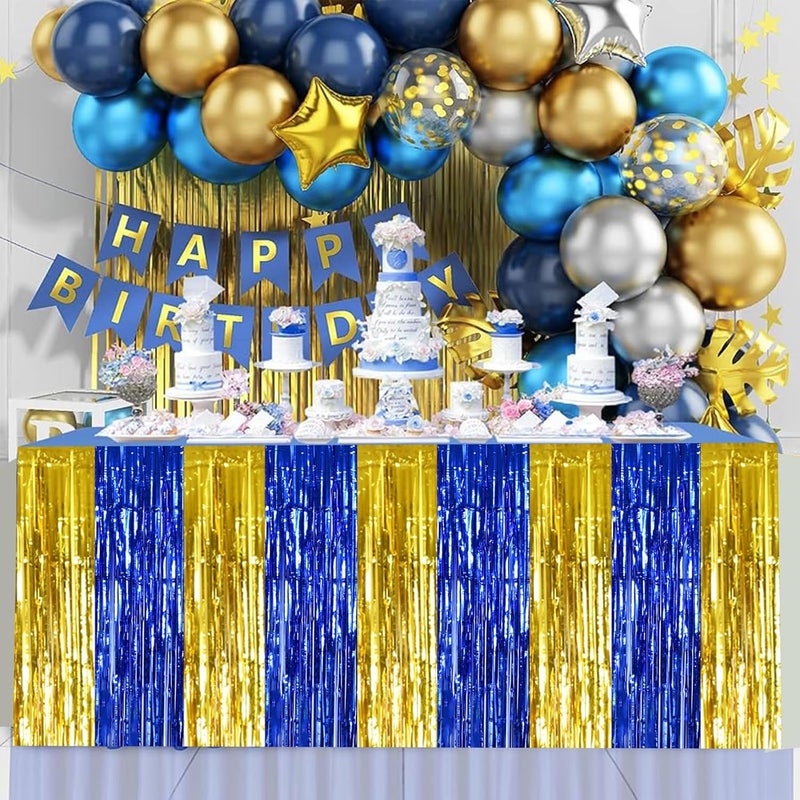 BEISHIDA 2 Pack Blue Gold Table Skirts Party Decorations Metallic Tinsel Foil Fringe Table Skirts for Birthday Retirement Anniversary Graduation Congrats 2026 Party - Image 5