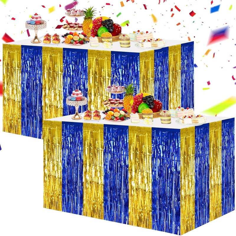 BEISHIDA 2 Pack Blue Gold Table Skirts Party Decorations Metallic Tinsel Foil Fringe Table Skirts for Birthday Retirement Anniversary Graduation Congrats 2026 Party - Image 1