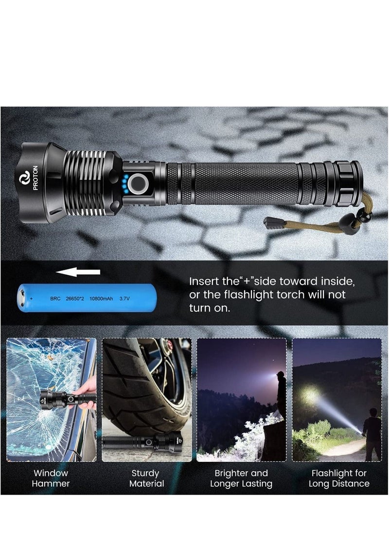 عربست كشاف يدوي كشافات مصابيح LED فائقة السطوع قابلة لإعادة الشحن، 90000 لومن XHP70.2 مصباح يدوي تكتيكي، بطارية متوازية 10000 مللي أمبير في الساعة، زوومابلي وIPX5 مقاومة للماء  - Image 4