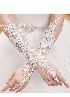 Excefore Wedding Flower Lace Gloves, White Floral Crystal Gloves Bridal Long Finger Prom Dinner Opera Party Tea Parties for Women and Girls  - Image 2