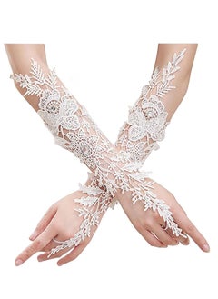 Excefore Wedding Flower Lace Gloves, White Floral Crystal Gloves Bridal Long Finger Prom Dinner Opera Party Tea Parties for Women and Girls  - Image 5