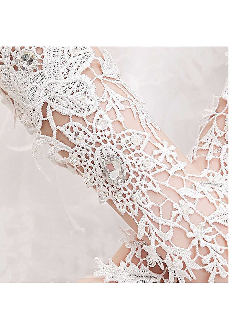 Excefore Wedding Flower Lace Gloves, White Floral Crystal Gloves Bridal Long Finger Prom Dinner Opera Party Tea Parties for Women and Girls  - Image 4