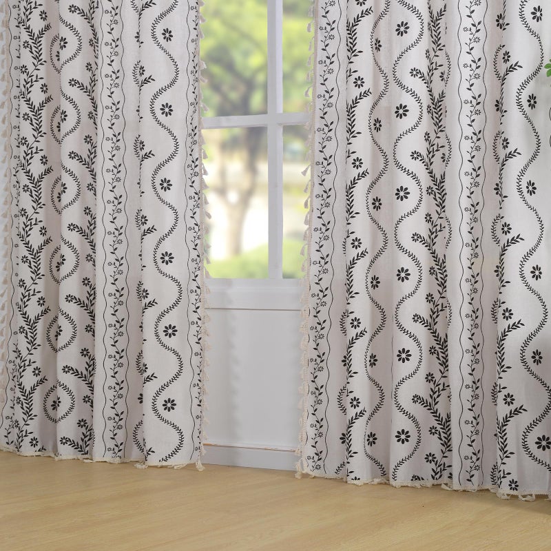 Schweek Boho Curtains 2 Panels Set, Farmhouse Linen Semi Sheer Floral Curtains for Living Room, 84 Inches Long Vintage Printed Patterned Curtain with Tassels Rustic Country Curtain Drapes - Image 2