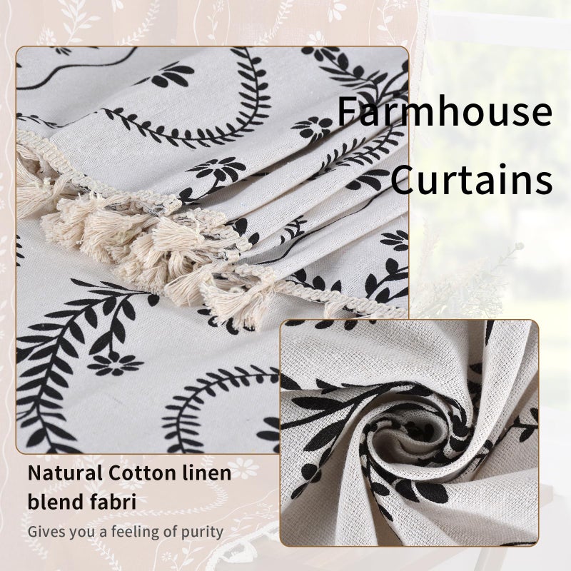 Schweek Boho Curtains 2 Panels Set, Farmhouse Linen Semi Sheer Floral Curtains for Living Room, 84 Inches Long Vintage Printed Patterned Curtain with Tassels Rustic Country Curtain Drapes - Image 5