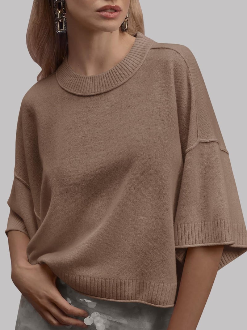 Saodimallsu Womens Short Sleeve Sweater Summer Oversized Cropped Sweaters Casual Crewneck Lightweight Knit Tops - Image 2