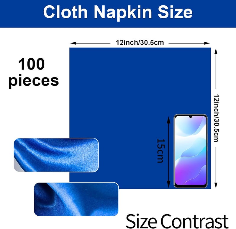SiinvdaBZX 100 Pieces Royal Blue Cloth Napkins 12 x 12 Inches Small Size Square Satin Napkins Silky Soft Dinner Napkins or Handkerchief for Banquet Wedding Christmas Thanksgiving Decoration - Image 2