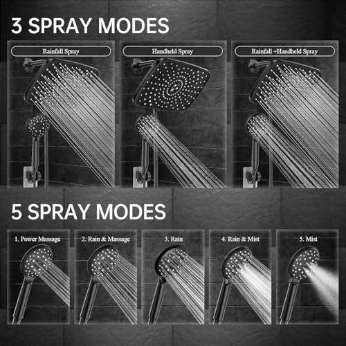 Veken 11.8 Inch Rectangle Rain Shower Head - Shower Heads with 6 Modes Handheld Spray Combo - Wide Rainfall shower with 70" Hose - 1.8gpm Dual Showerhead with Anti-Clog Nozzles - Matte Black - Image 4
