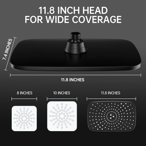Veken 11.8 Inch Rectangle Rain Shower Head - Shower Heads with 6 Modes Handheld Spray Combo - Wide Rainfall shower with 70" Hose - 1.8gpm Dual Showerhead with Anti-Clog Nozzles - Matte Black - Image 2
