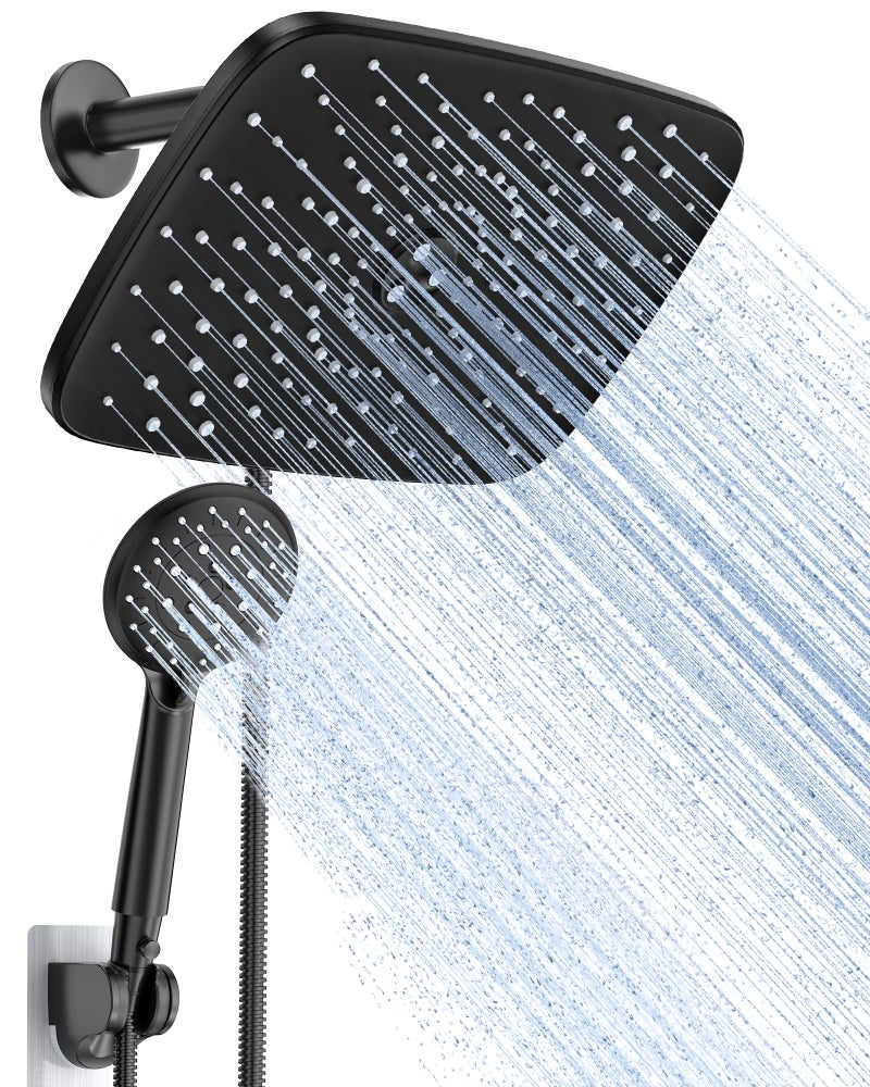 Veken 11.8 Inch Rectangle Rain Shower Head - Shower Heads with 6 Modes Handheld Spray Combo - Wide Rainfall shower with 70" Hose - 1.8gpm Dual Showerhead with Anti-Clog Nozzles - Matte Black - Image 1