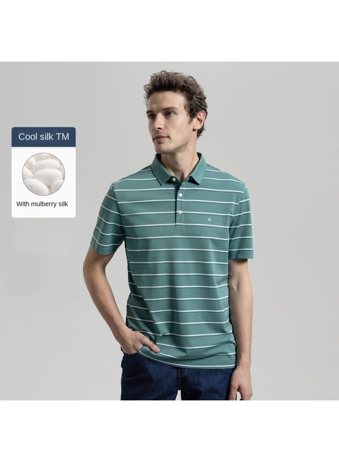 Goldlion Contains Mulberry Silk, Breathable】men's Short Sleeve T-shirt For Spring And Summer, Fashionable Color-blocking Striped Multi-color Polo - Image 2