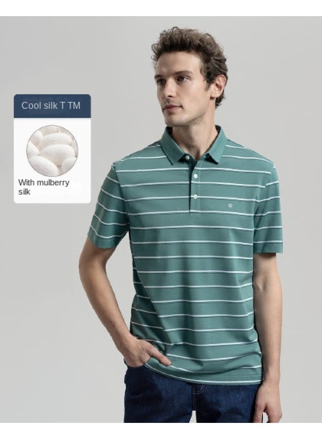Goldlion Contains Mulberry Silk, Breathable】men's Short Sleeve T-shirt For Spring And Summer, Fashionable Color-blocking Striped Multi-color Polo - Image 1