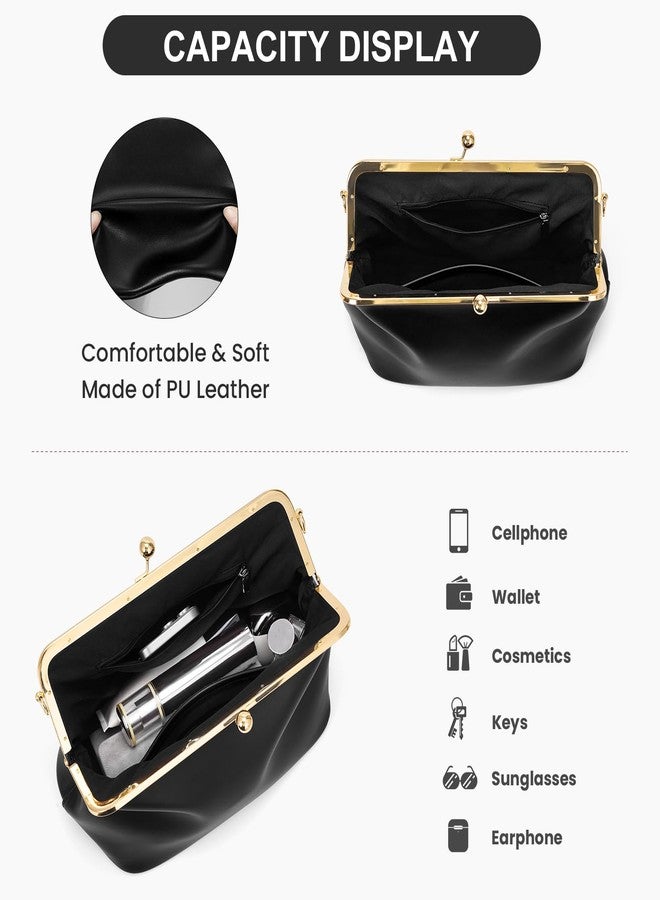 CATSEA Women's Kiss Lock Crossbody Bag PU Large Handbags Kiss Clasp Crossbody Shoulder Bags Tote Purse Messenger Handbag, Black - Image 5